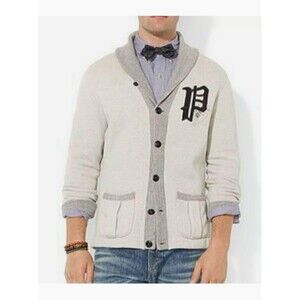 Polo Ralph Lauren Men’s Size XL Cardigan Gray Sweater Large “P” Patch Logo EUC